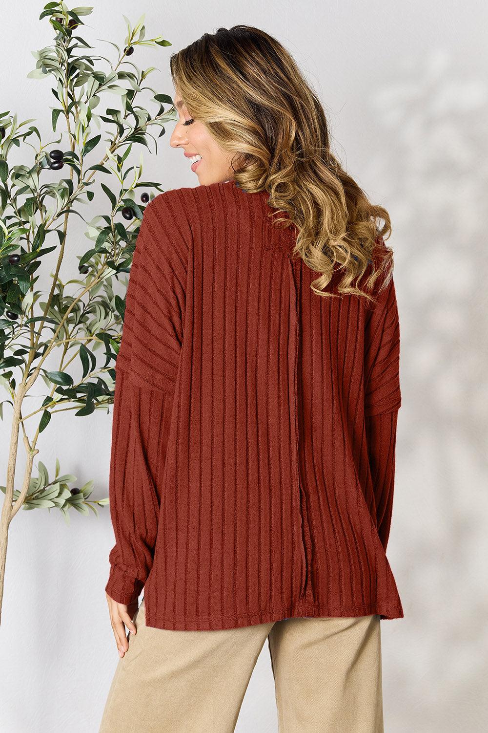 Basic Bae Full Size Ribbed Round Neck Slit Knit Top Carauana Store
