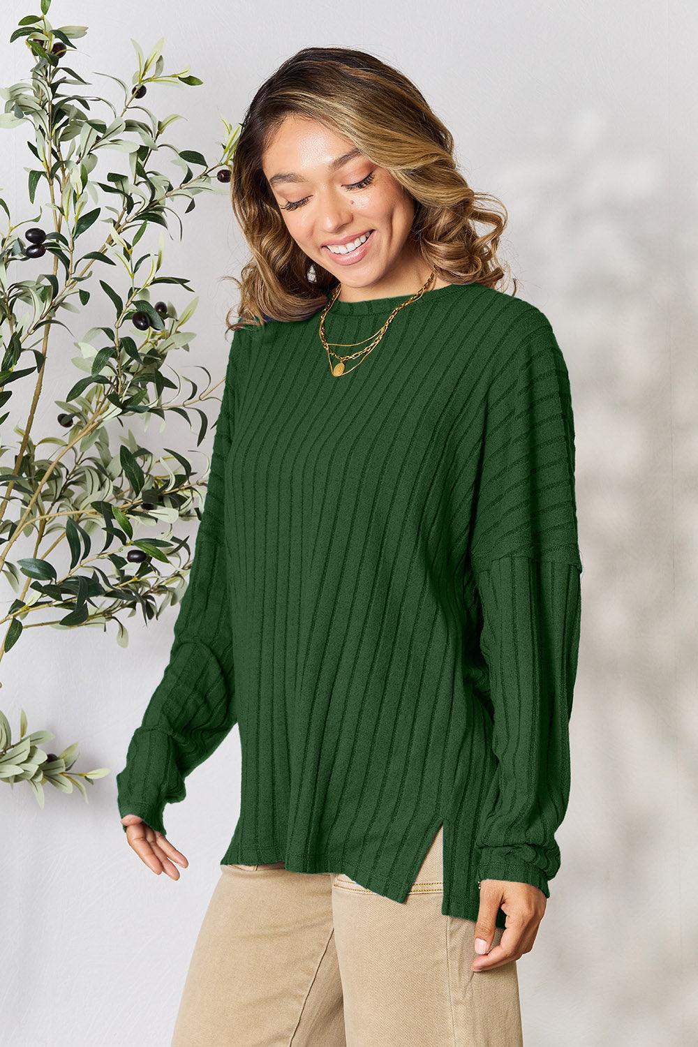 Basic Bae Full Size Ribbed Round Neck Slit Knit Top Carauana Store