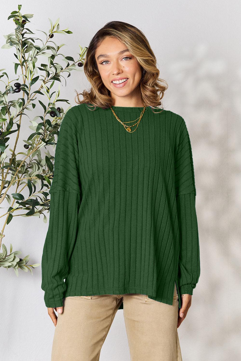 Basic Bae Full Size Ribbed Round Neck Slit Knit Top Carauana Store
