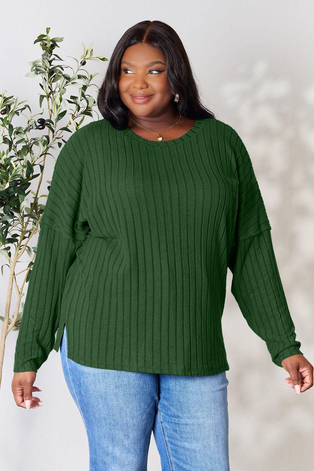 Basic Bae Full Size Ribbed Round Neck Slit Knit Top Carauana Store