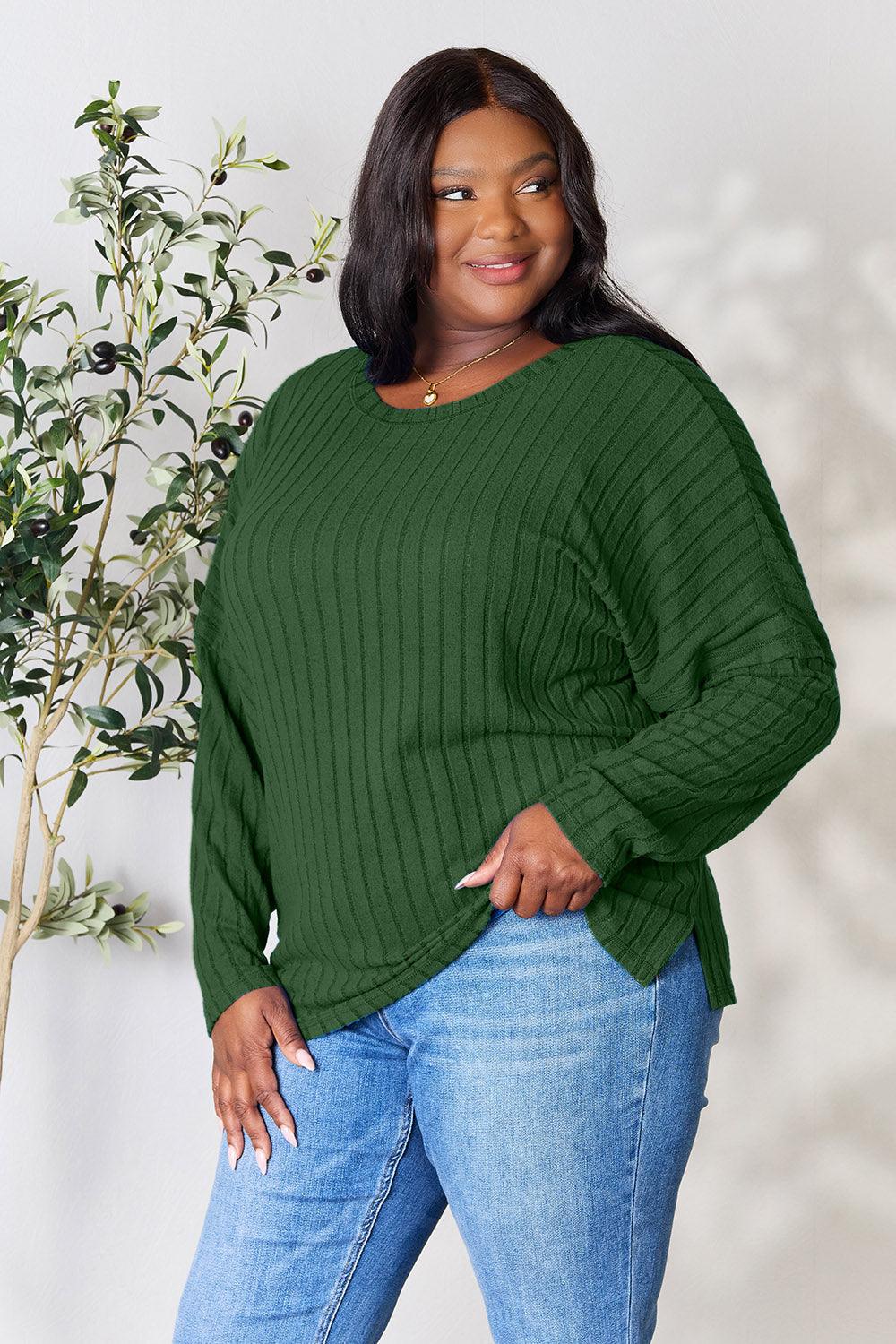 Basic Bae Full Size Ribbed Round Neck Slit Knit Top Carauana Store