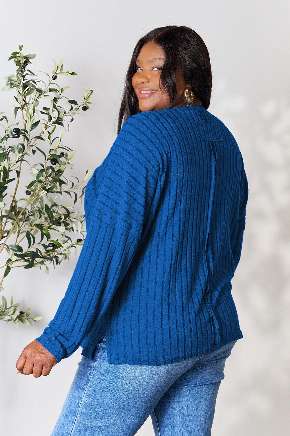 Basic Bae Full Size Ribbed Round Neck Slit Knit Top Carauana Store