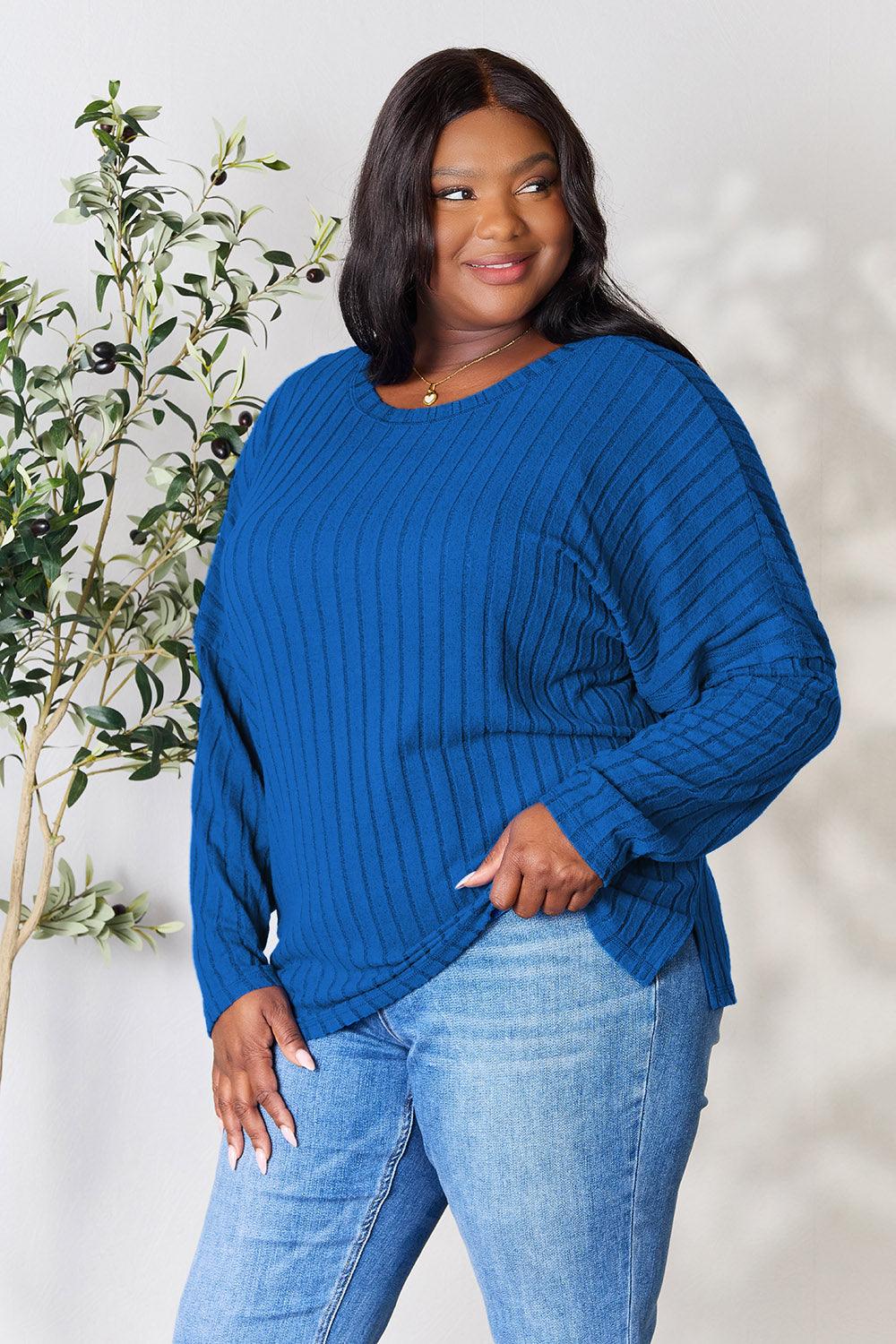 Basic Bae Full Size Ribbed Round Neck Slit Knit Top Carauana Store