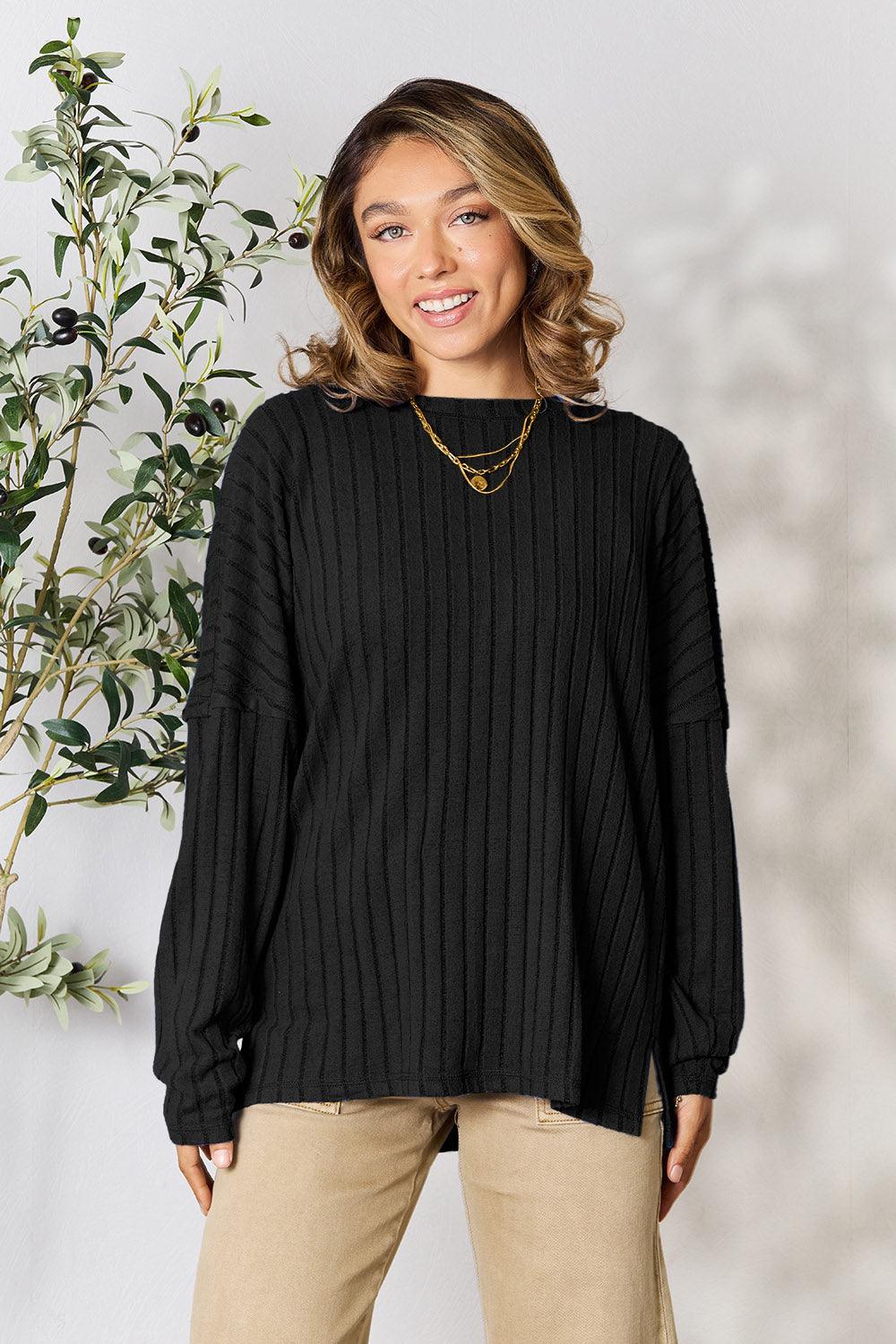 Basic Bae Full Size Ribbed Round Neck Slit Knit Top Carauana Store