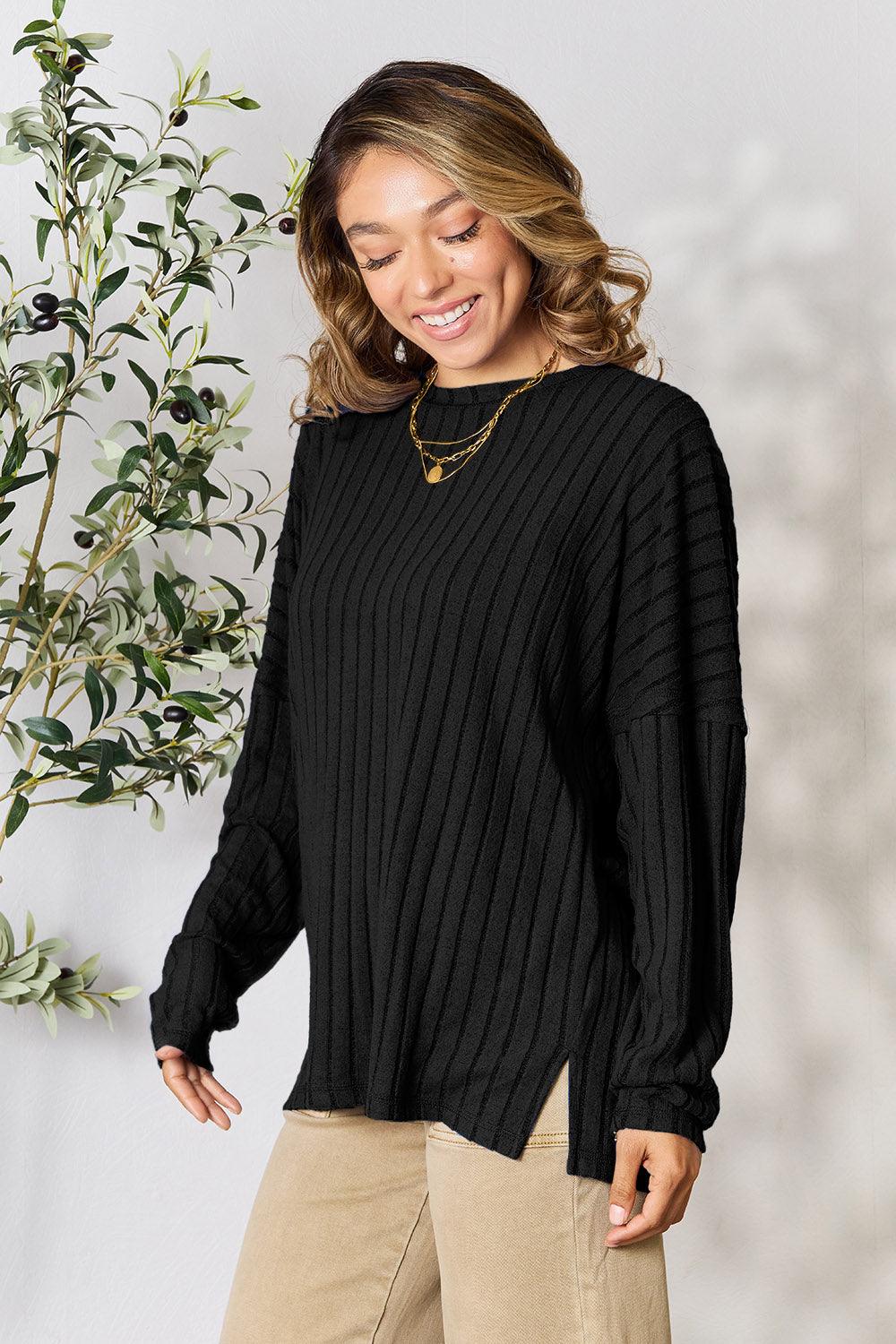 Basic Bae Full Size Ribbed Round Neck Slit Knit Top Carauana Store