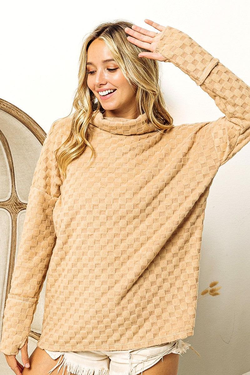 BiBi Checkered Round Neck Thumbhole Long Sleeve Top Carauana Store