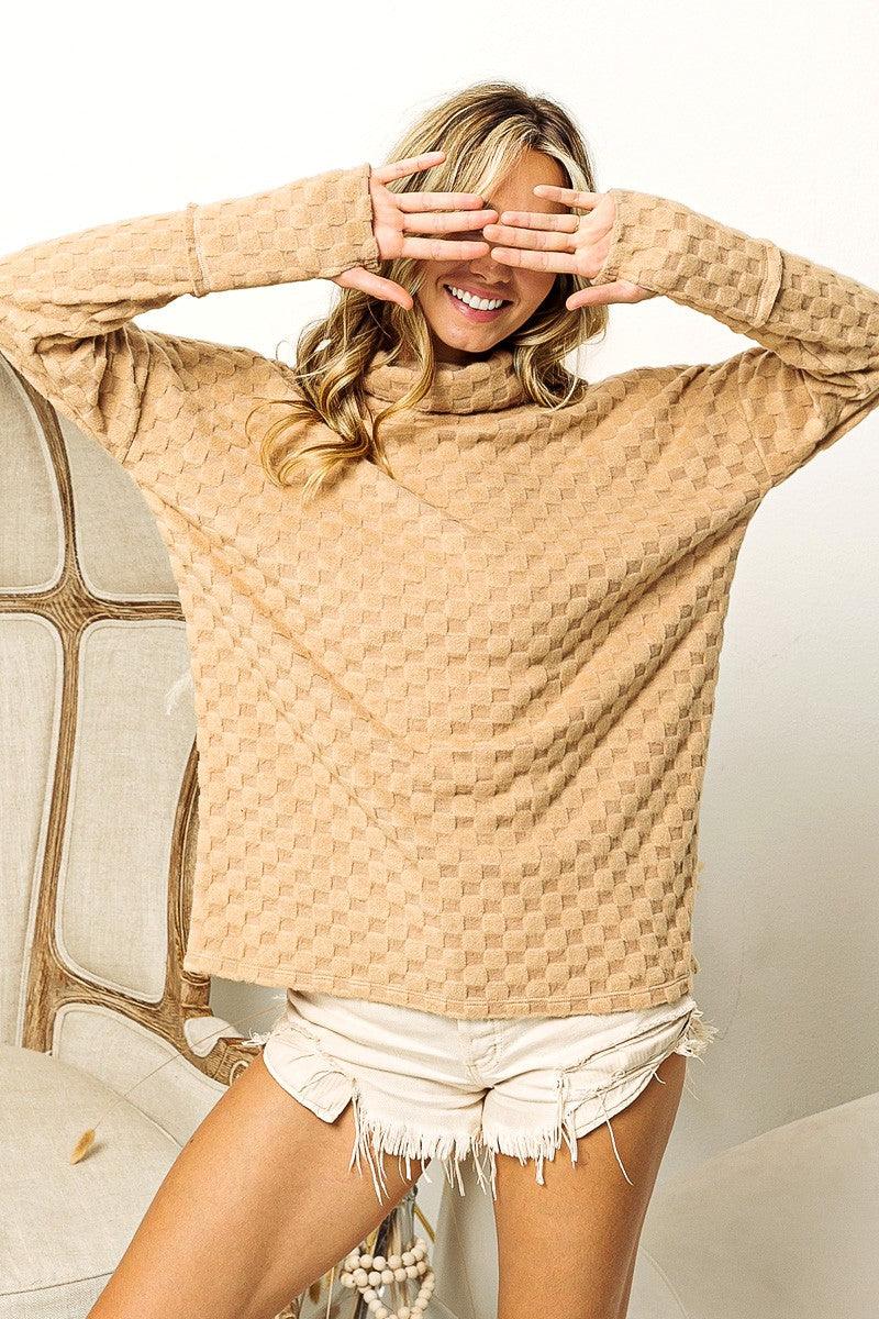 BiBi Checkered Round Neck Thumbhole Long Sleeve Top Carauana Store