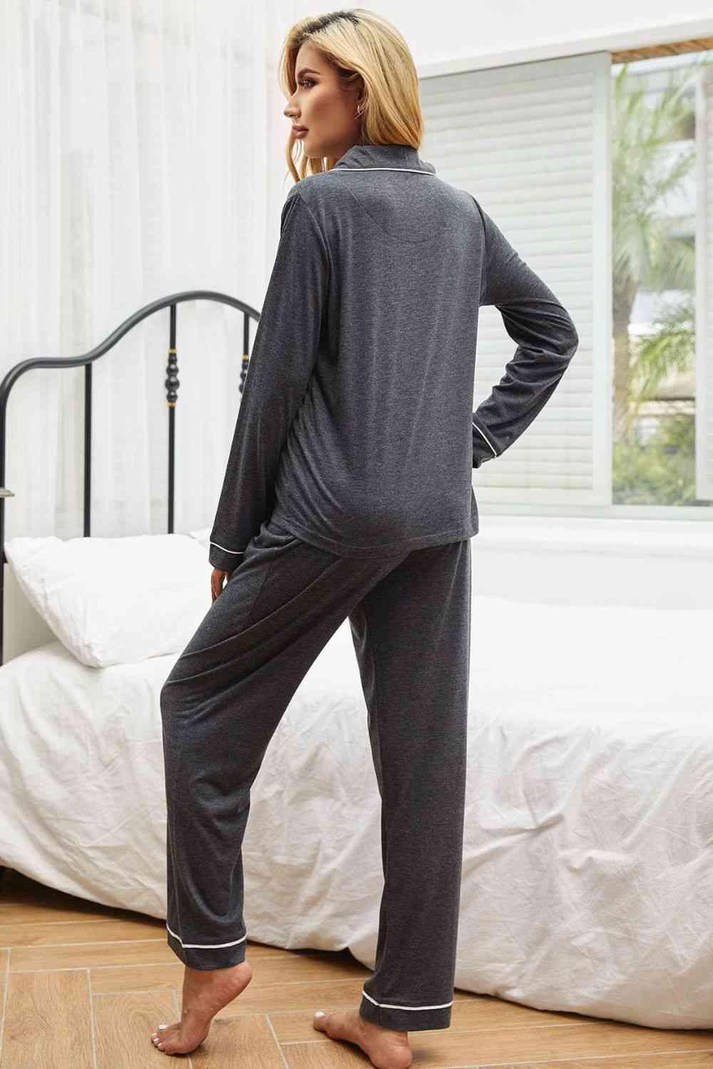 Contrast Piping Button Down Top and Pants Loungewear Set Carauana Store
