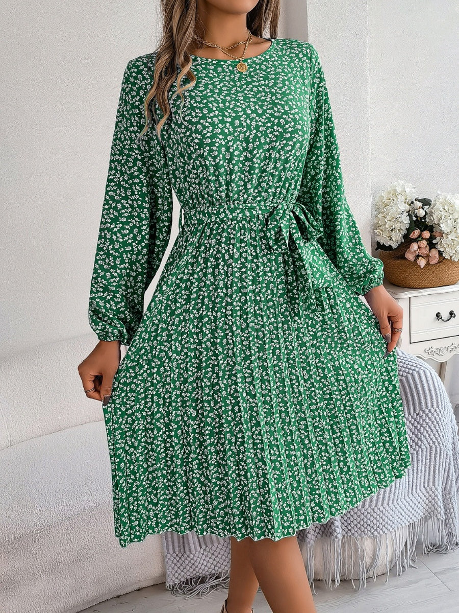 Ditsy Floral Tie Waist Pleated Dress Carauana Store