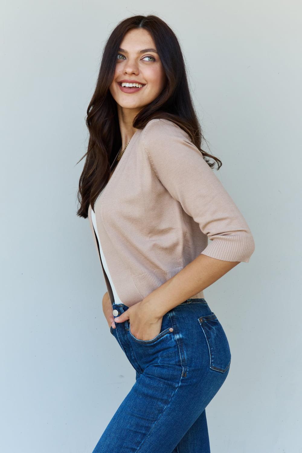 Doublju My Favorite Full Size 3/4 Sleeve Cropped Cardigan in Khaki Carauana Store