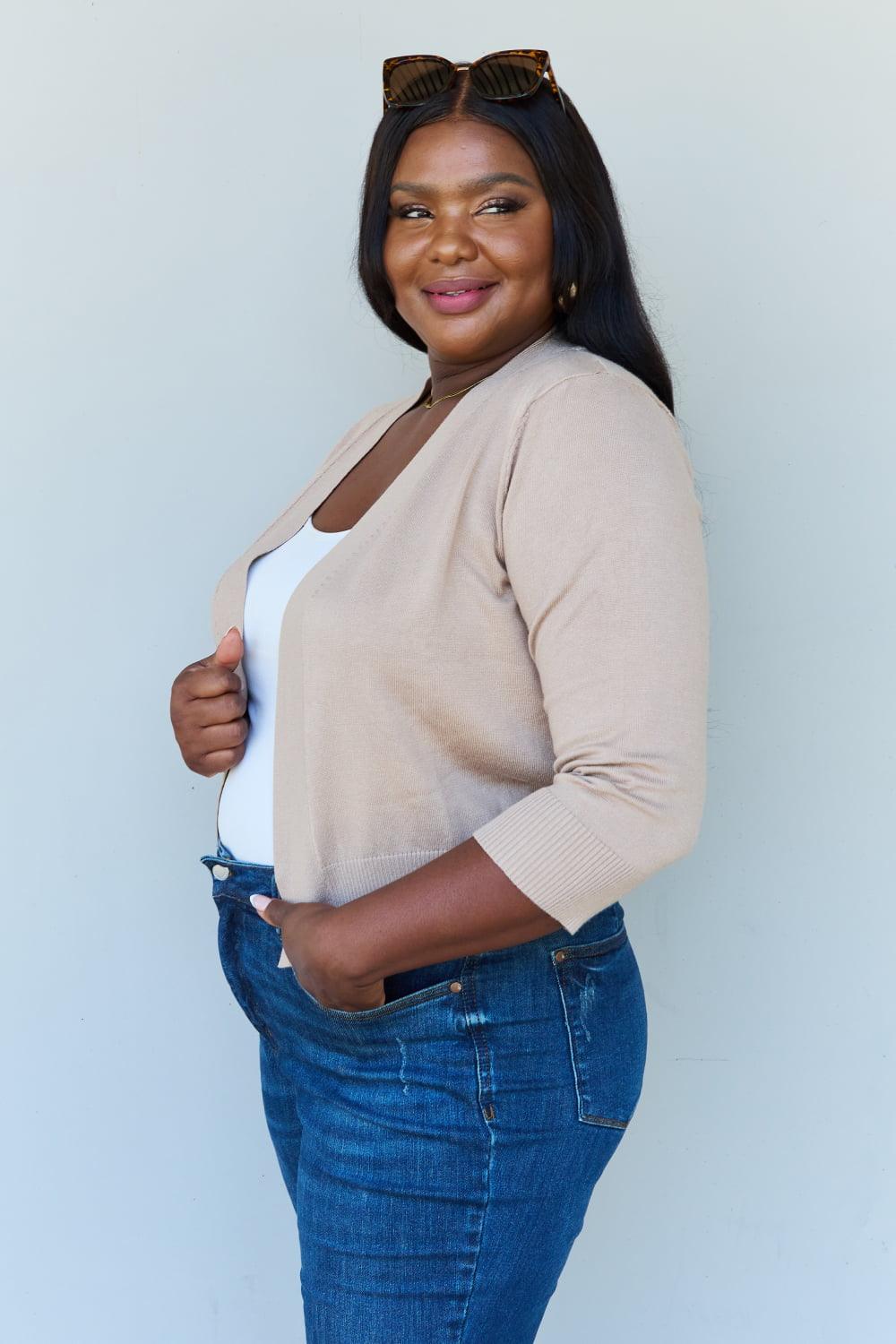 Doublju My Favorite Full Size 3/4 Sleeve Cropped Cardigan in Khaki Carauana Store