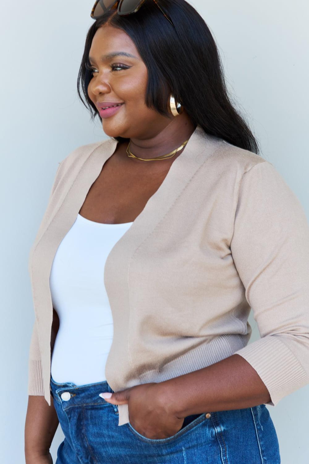 Doublju My Favorite Full Size 3/4 Sleeve Cropped Cardigan in Khaki Carauana Store