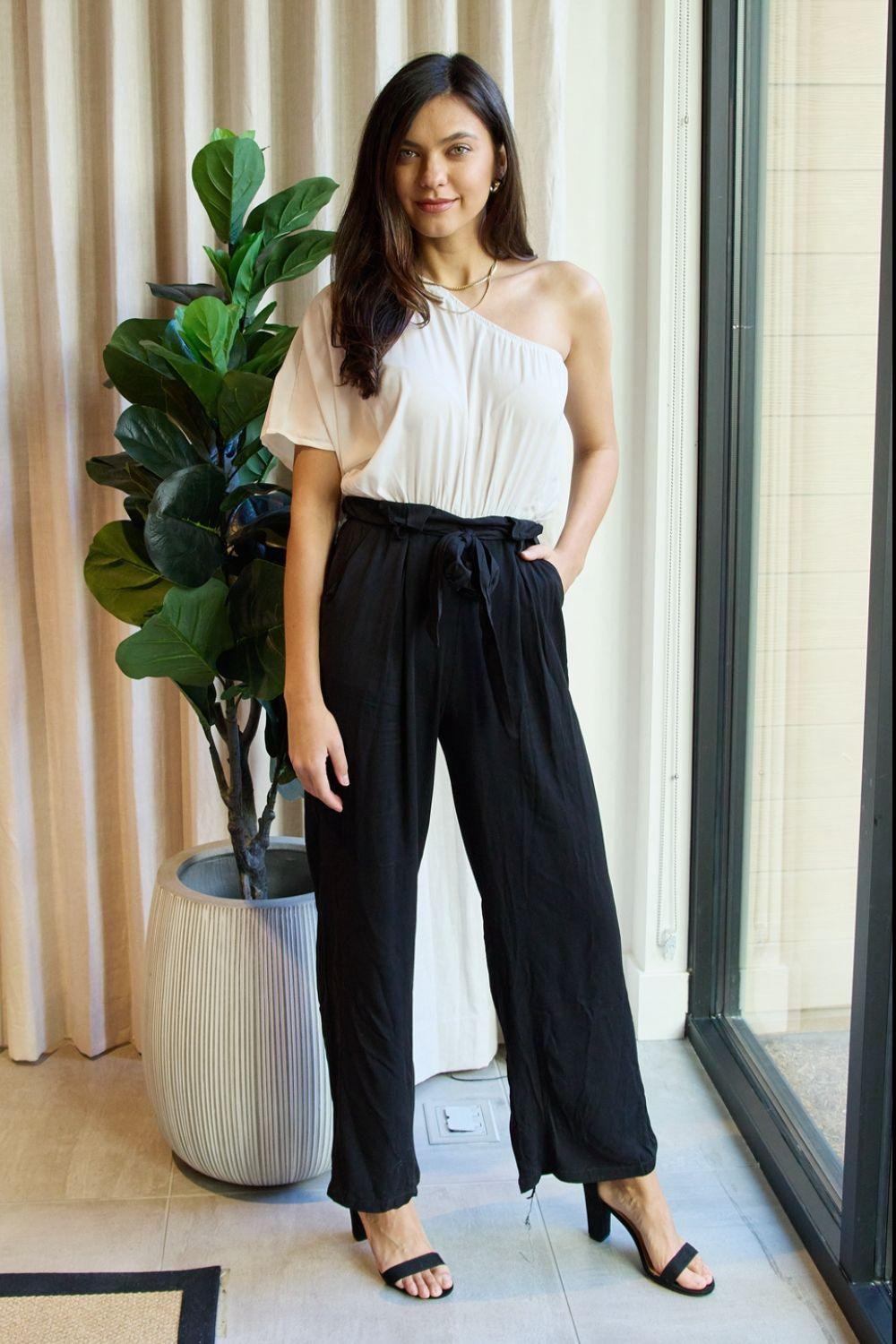 Dress Day Marvelous in Manhattan One-Shoulder Jumpsuit in White/Black Carauana Store