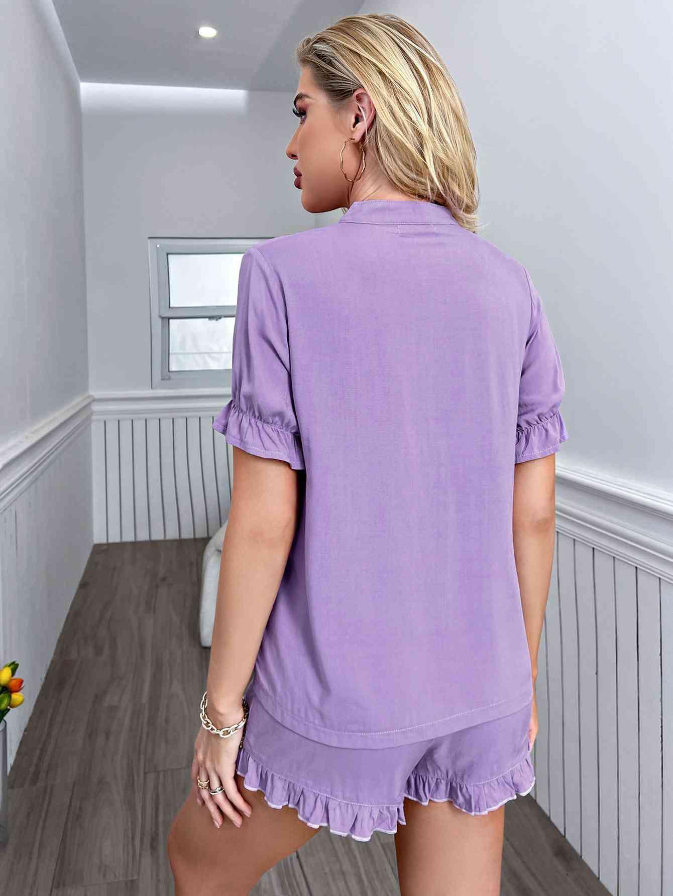 Flounce Sleeve Shirt and Frill Trim Shorts Lounge Set Carauana Store