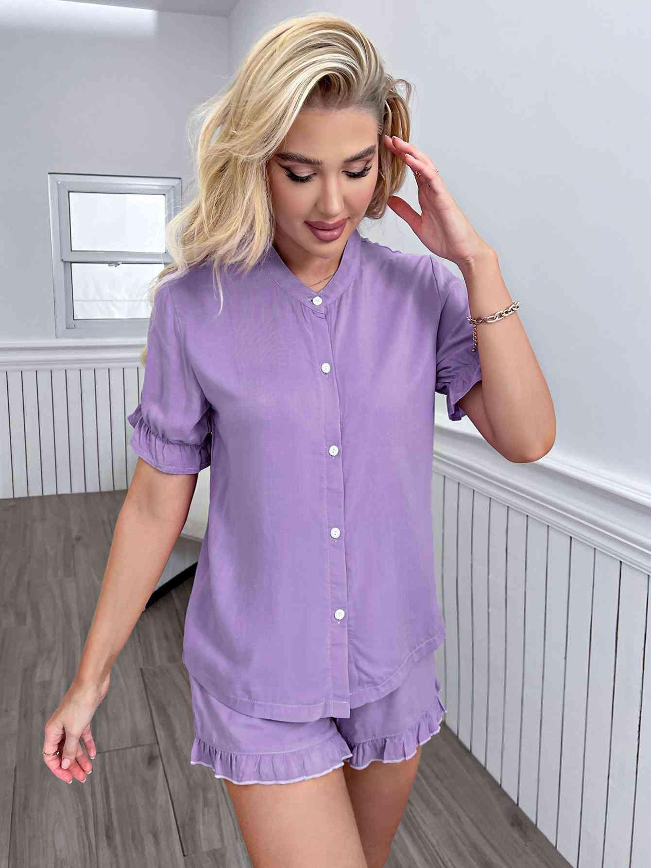 Flounce Sleeve Shirt and Frill Trim Shorts Lounge Set Carauana Store