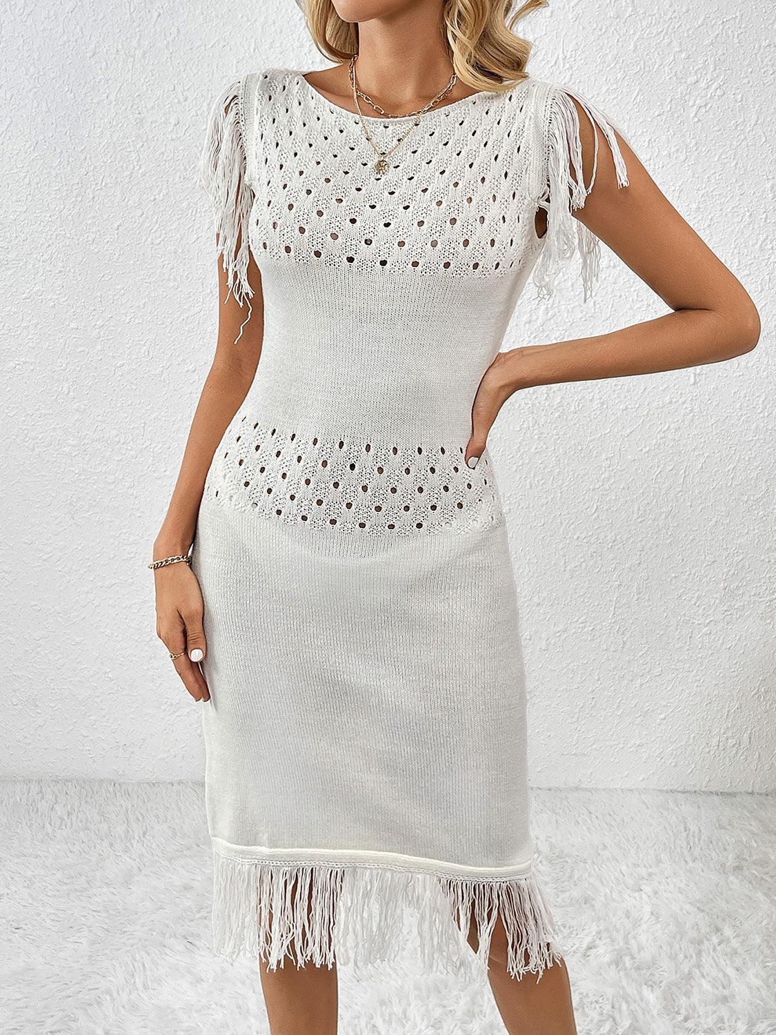 Fringe Openwork Boat Neck Knit Dress Carauana Store
