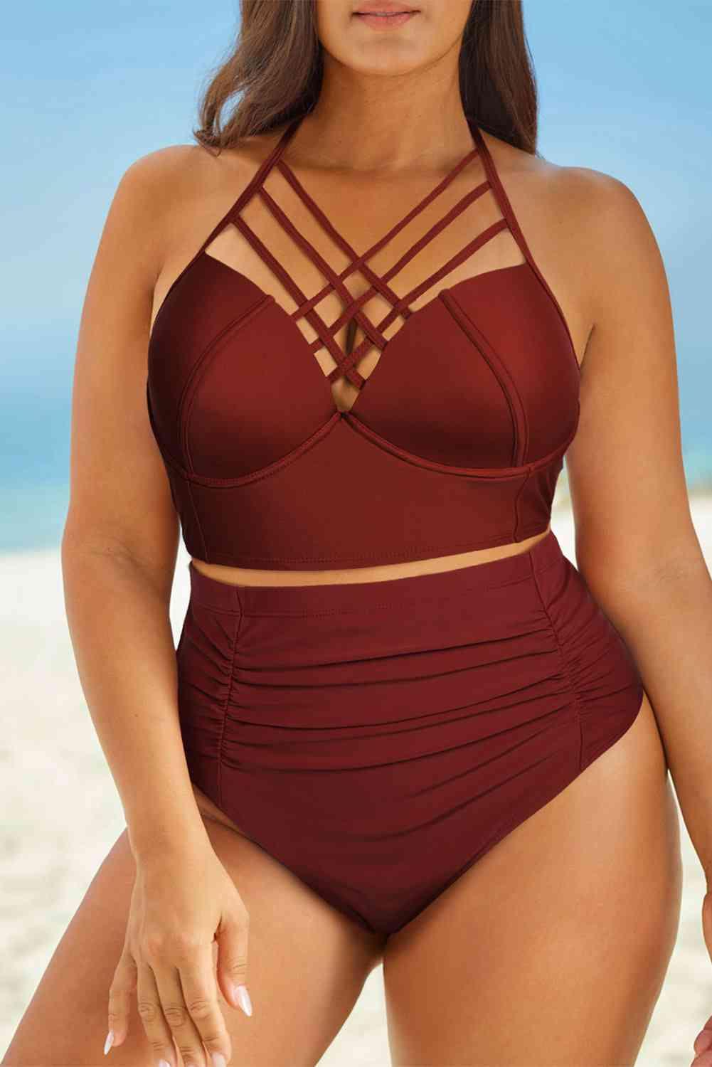 Halter Neck Crisscross Ruched Two-Piece Swimsuit Carauana Store