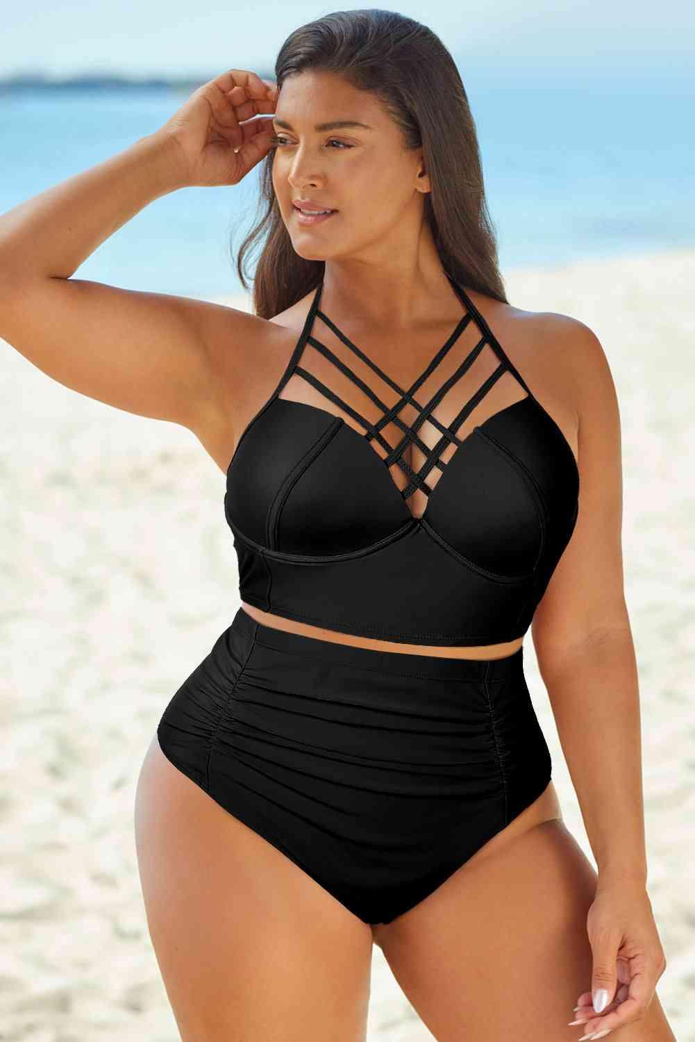 Halter Neck Crisscross Ruched Two-Piece Swimsuit Carauana Store