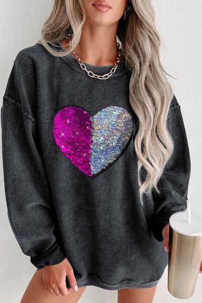 Heart Sequin Round Neck Sweatshirt Carauana Store