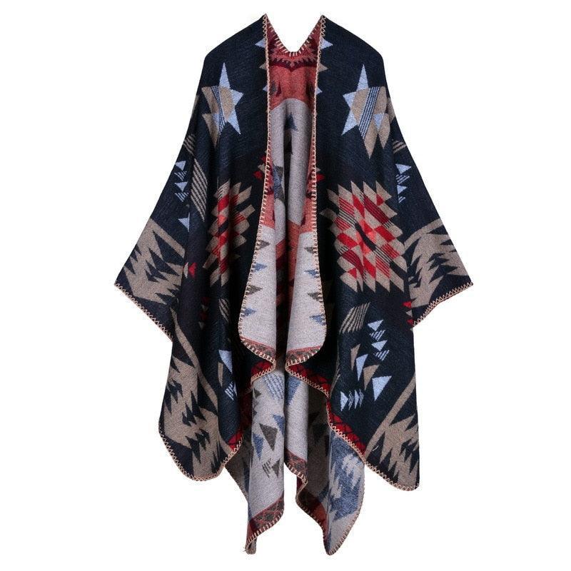 Lattice Women Travel Shawl Imitation Cashmere European National Style Fork Thickened Cloak Ponchos Capes Carauana Store