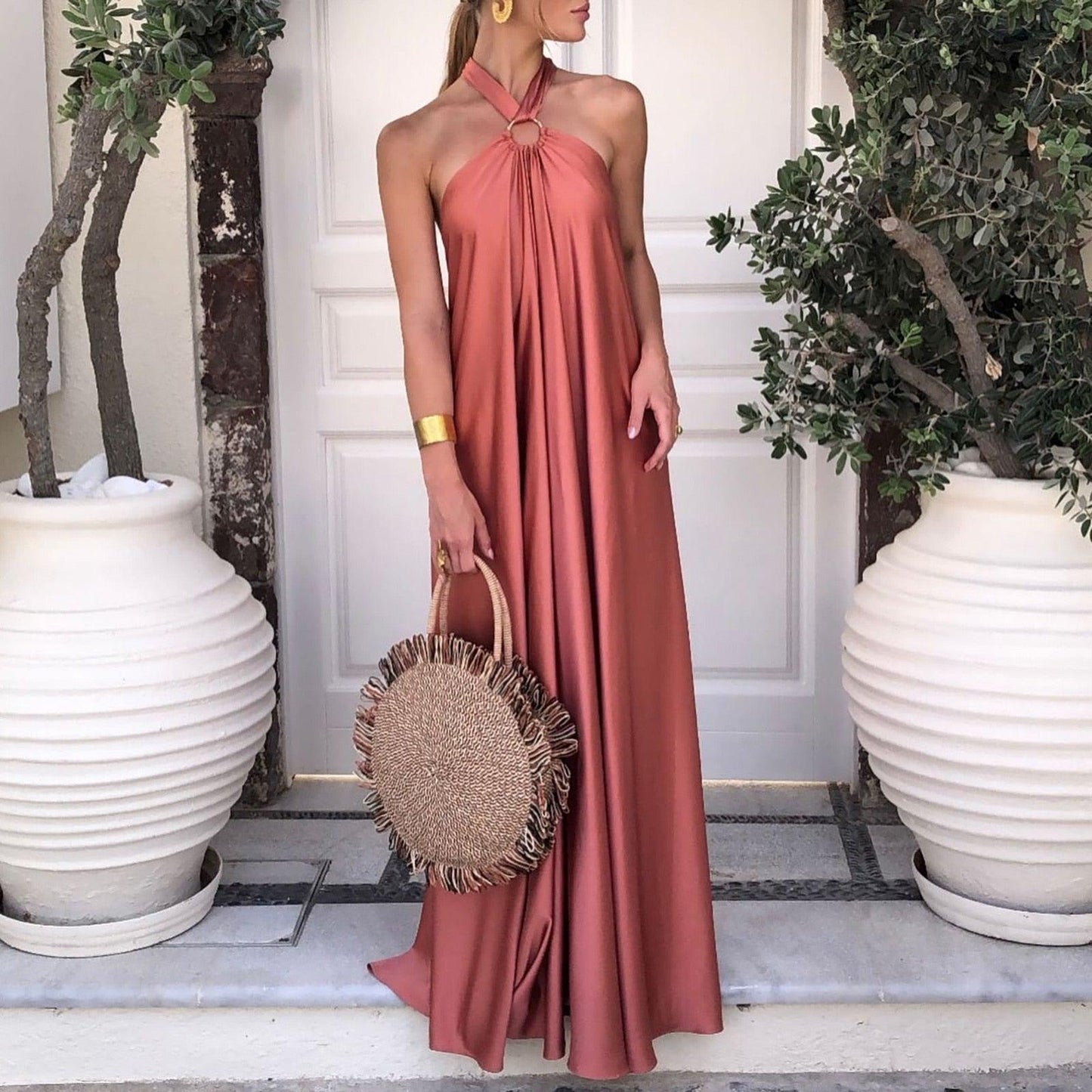 Long Formal Satin Dress Halter Neck Sleeveless Carauana Store