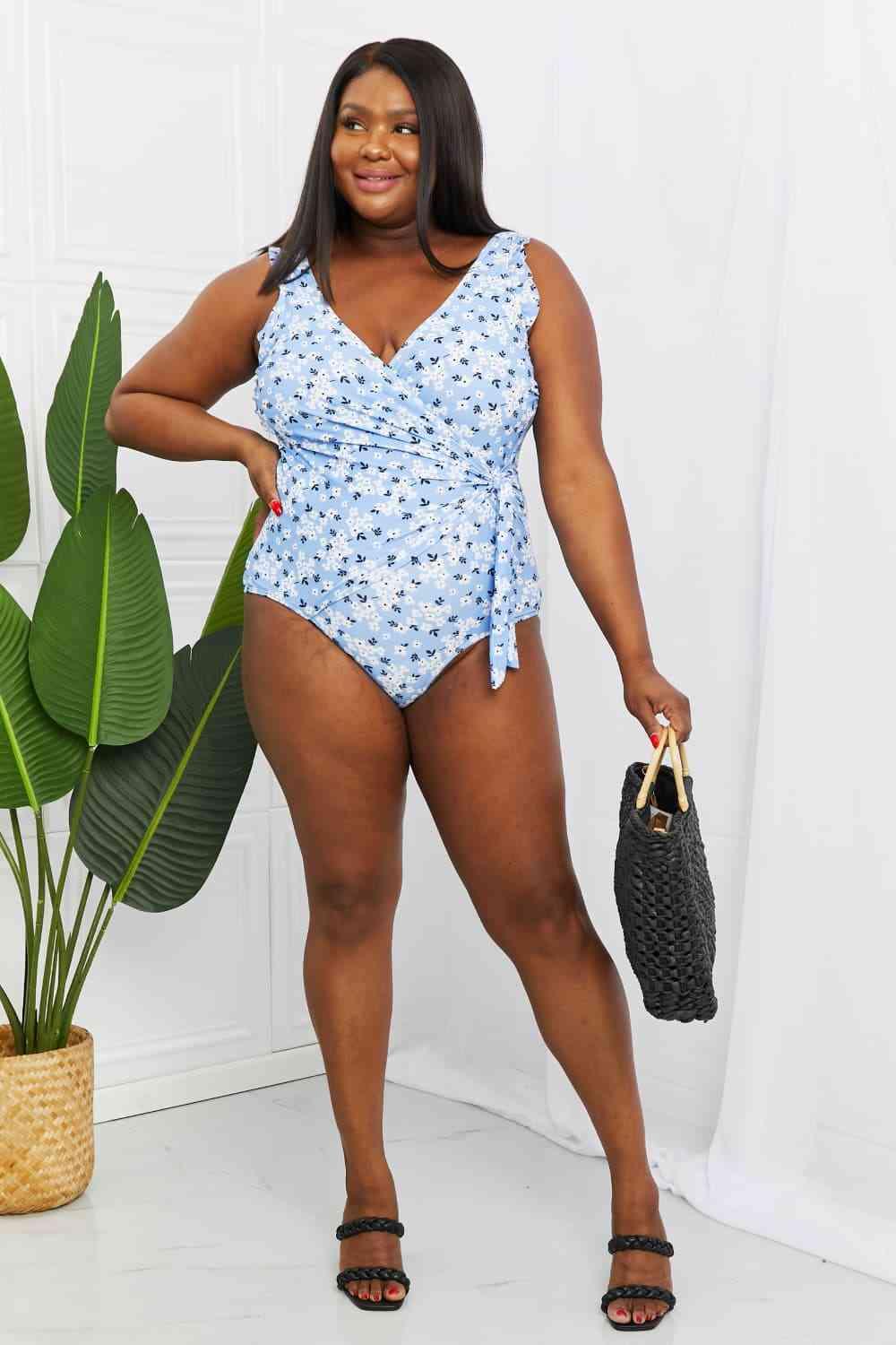 Marina West Swim Full Size Float On Ruffle Faux Wrap One-Piece in Blossom Blue Carauana Store