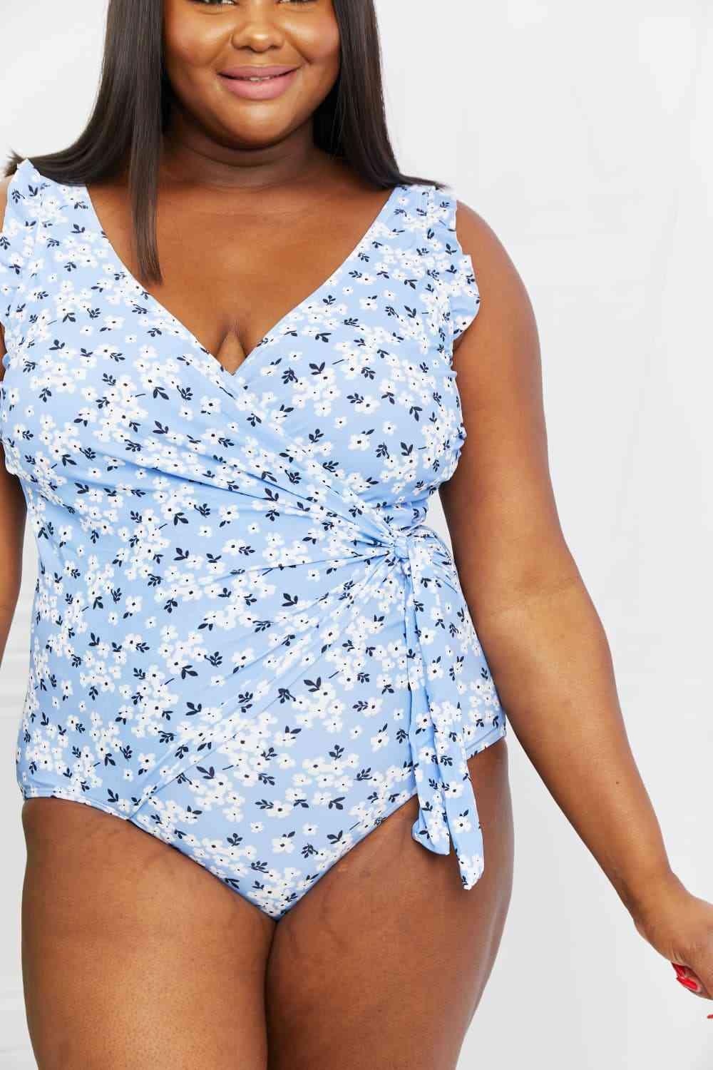 Marina West Swim Full Size Float On Ruffle Faux Wrap One-Piece in Blossom Blue Carauana Store