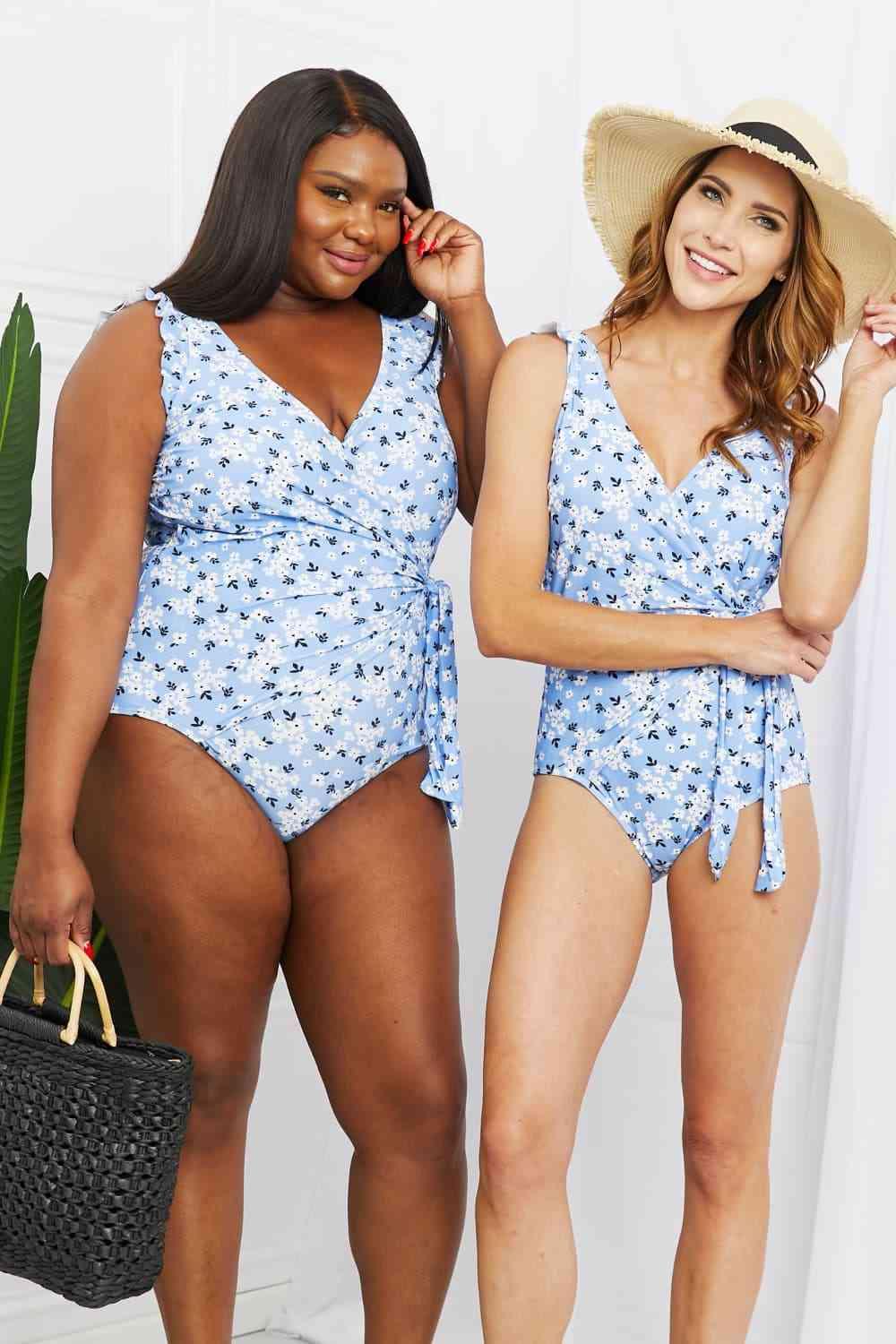 Marina West Swim Full Size Float On Ruffle Faux Wrap One-Piece in Blossom Blue Carauana Store