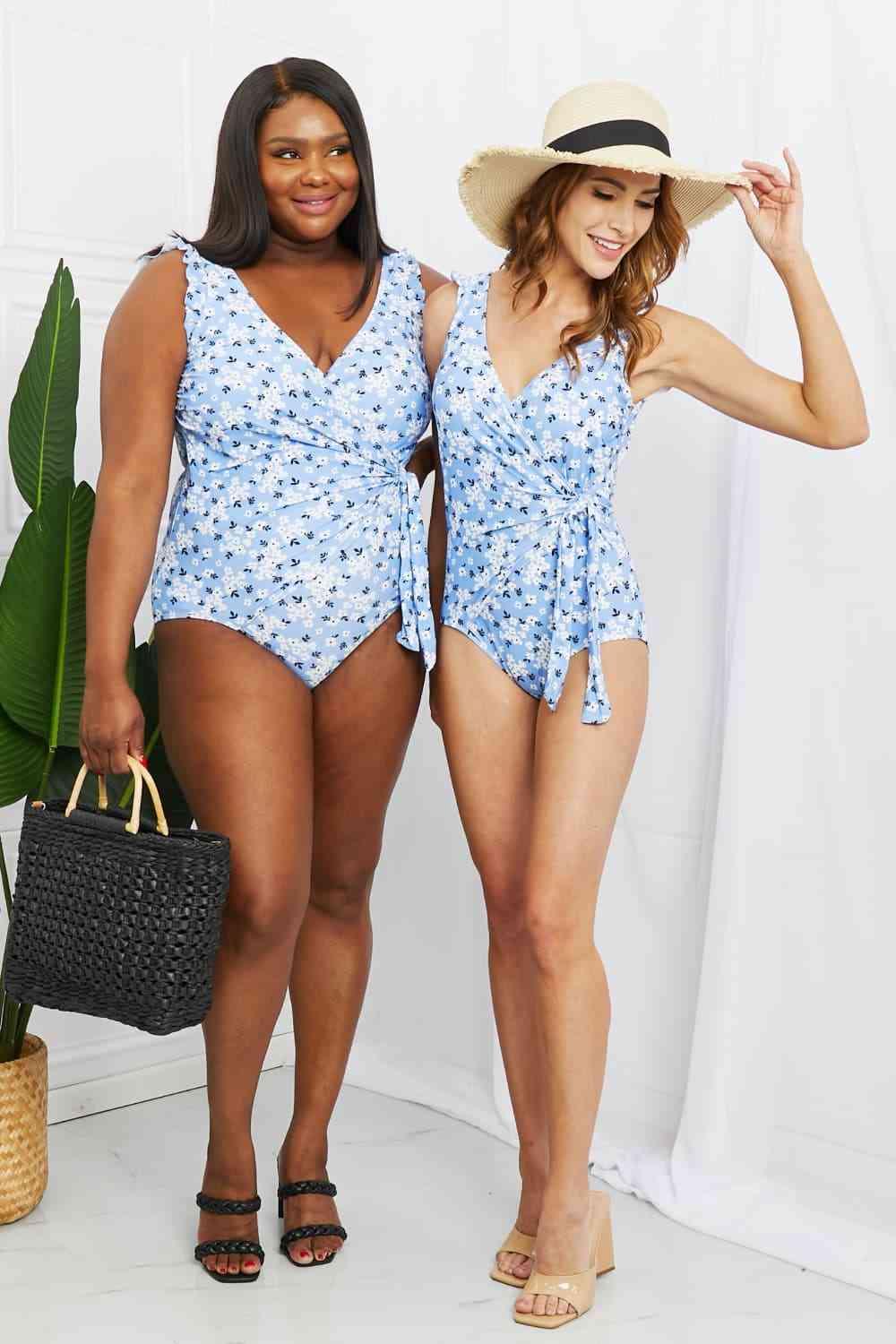 Marina West Swim Full Size Float On Ruffle Faux Wrap One-Piece in Blossom Blue Carauana Store