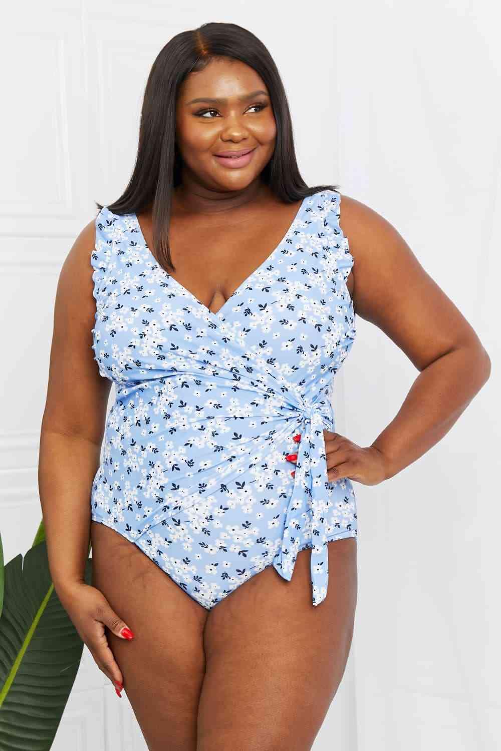 Marina West Swim Full Size Float On Ruffle Faux Wrap One-Piece in Blossom Blue Carauana Store