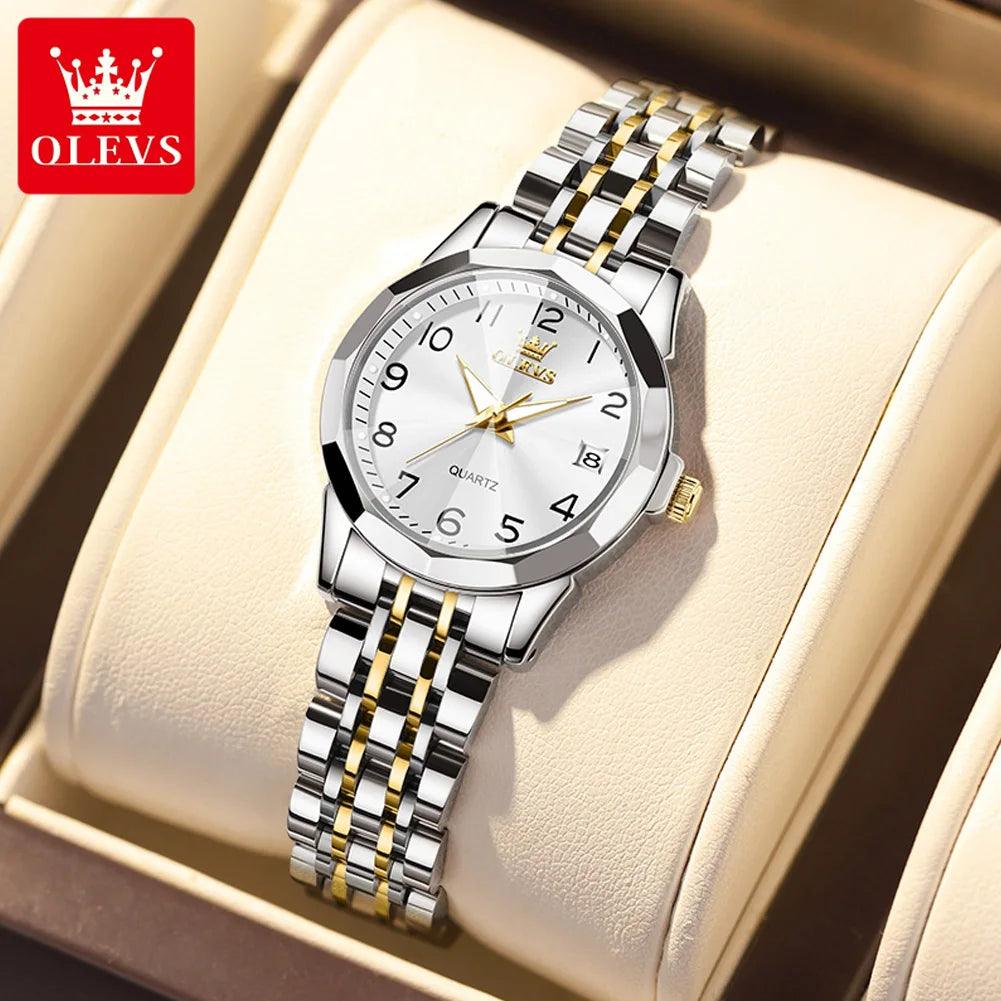 OLEVS Golden Watch for Women Luxury Elegant Rhombus Design Digital Dial Stainless Steel Strap Waterproof Calendar Clock Ladies Carauana Store