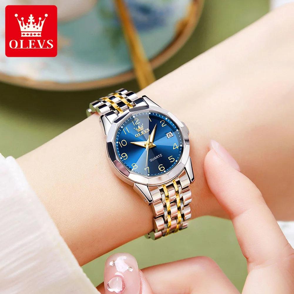 OLEVS Golden Watch for Women Luxury Elegant Rhombus Design Digital Dial Stainless Steel Strap Waterproof Calendar Clock Ladies Carauana Store