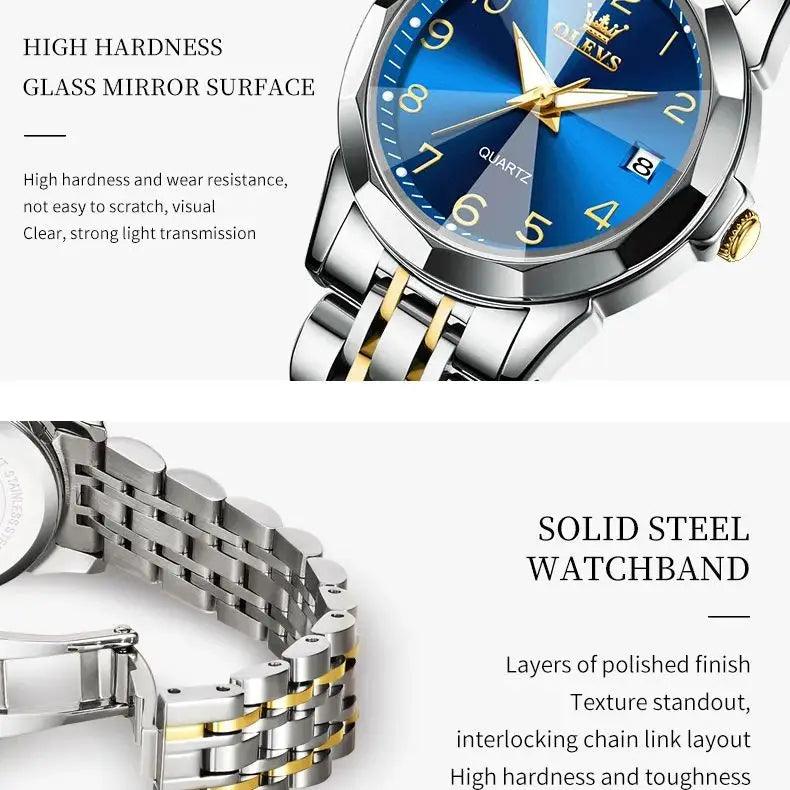 OLEVS Golden Watch for Women Luxury Elegant Rhombus Design Digital Dial Stainless Steel Strap Waterproof Calendar Clock Ladies Carauana Store