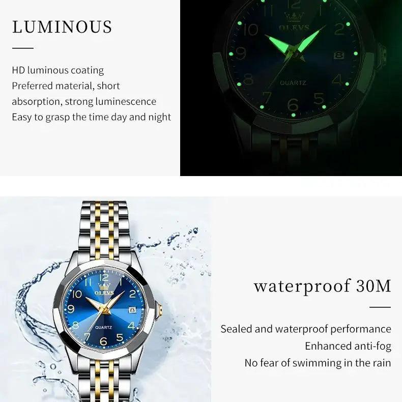 OLEVS Golden Watch for Women Luxury Elegant Rhombus Design Digital Dial Stainless Steel Strap Waterproof Calendar Clock Ladies Carauana Store