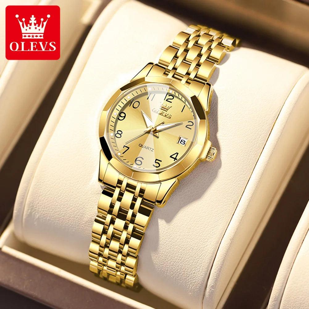 OLEVS Golden Watch for Women Luxury Elegant Rhombus Design Digital Dial Stainless Steel Strap Waterproof Calendar Clock Ladies Carauana Store