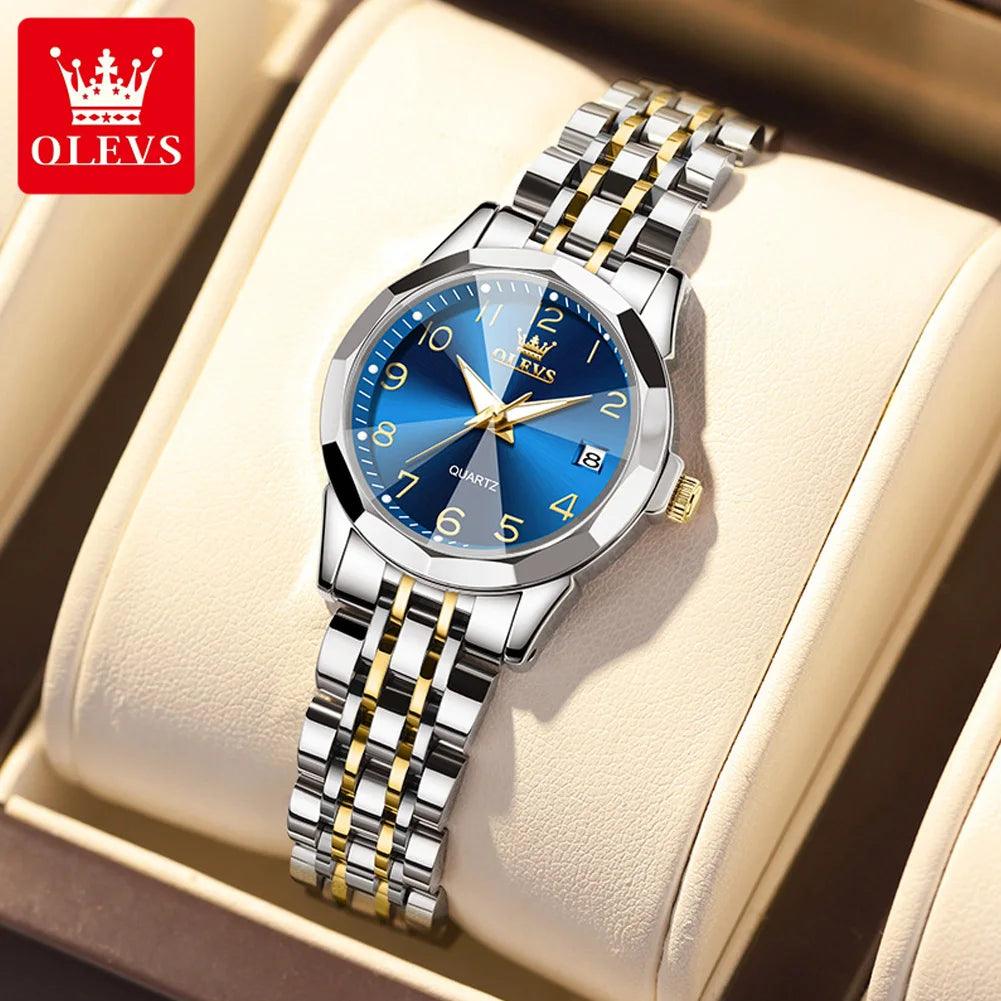 OLEVS Golden Watch for Women Luxury Elegant Rhombus Design Digital Dial Stainless Steel Strap Waterproof Calendar Clock Ladies Carauana Store
