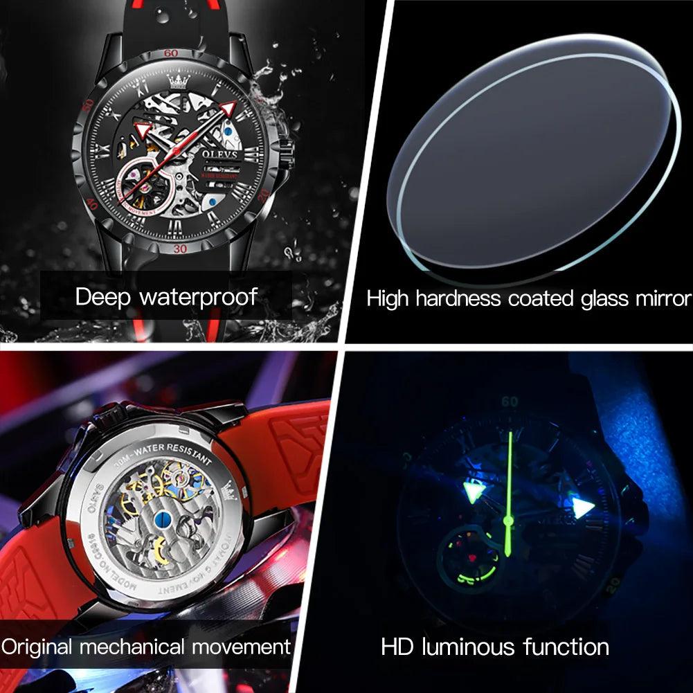 OLEVS Men's Watches Hollow Out Sporty Automatic Mechanical Watch for Man Waterproof Silicone Strap Fashion Hip Hop Style Carauana Store