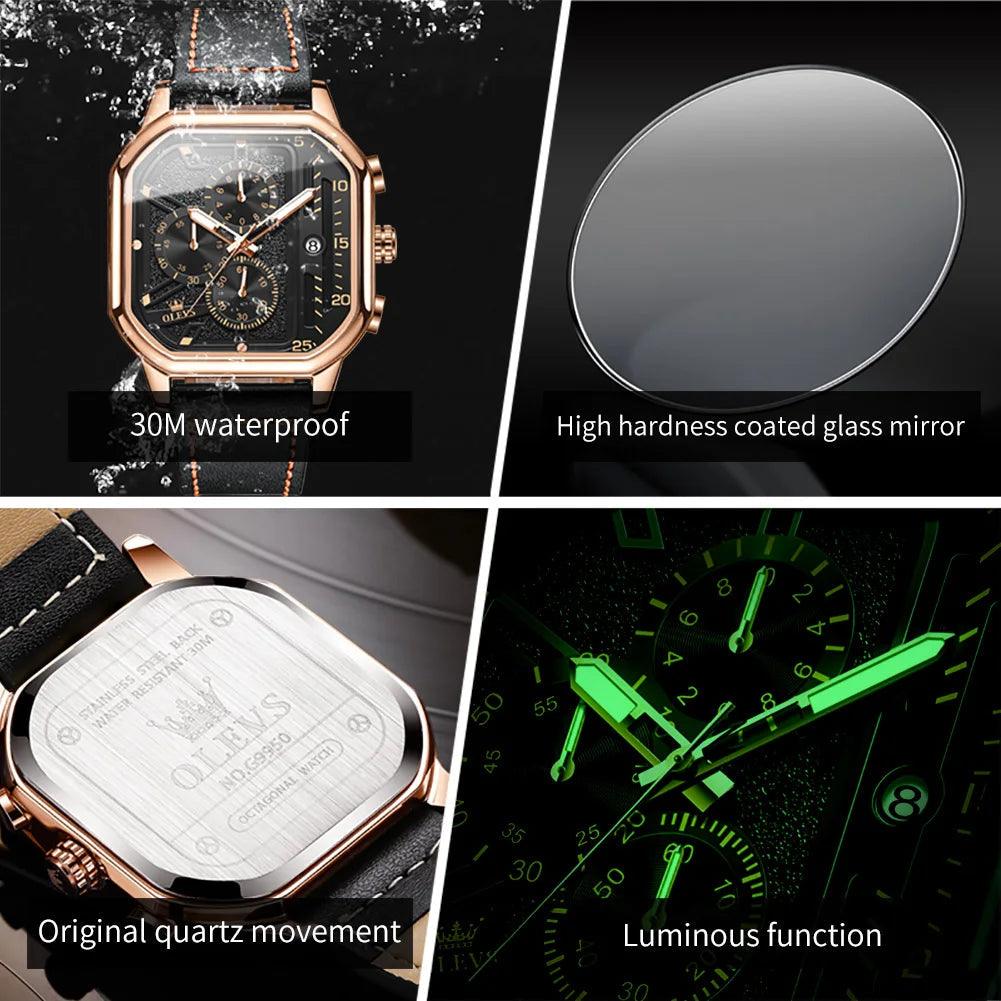 OLEVS Original Certification Top Luxury Men's Watches Waterproof Fashion Luminous Multifunctional Quartz Watch Leather Strap Carauana Store