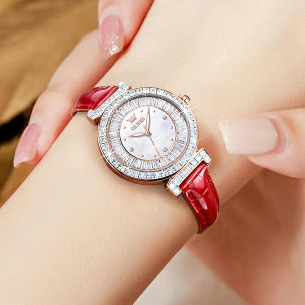 OLEVS Women's Watches Light luxury Fashion Original Quartz Watch for Ladies Waterproof Leather Strap Luminous Diamond Ring Dial Carauana Store