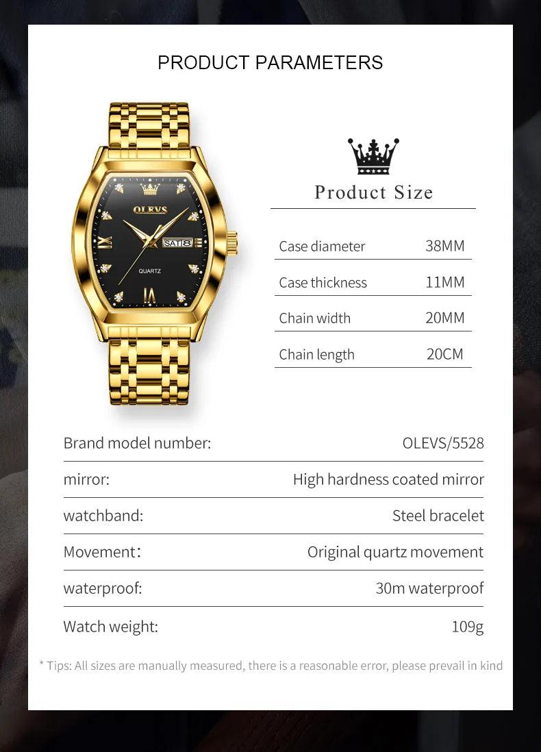 OLEVS/5528 Stainless Steel Luxury Quartz Watch | Elegant Tonneau Case with Shock Resistance and Week Display Carauana Store