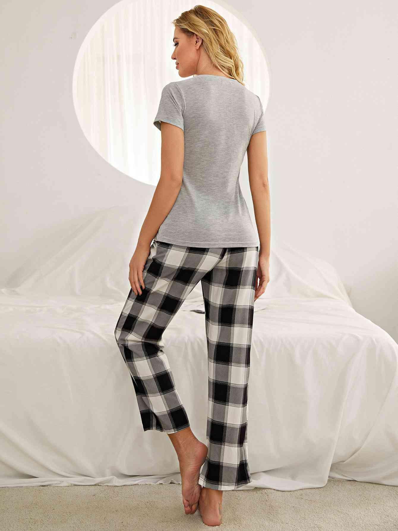 Plaid Heart Tee and Pants Lounge Set with Pockets Carauana Store