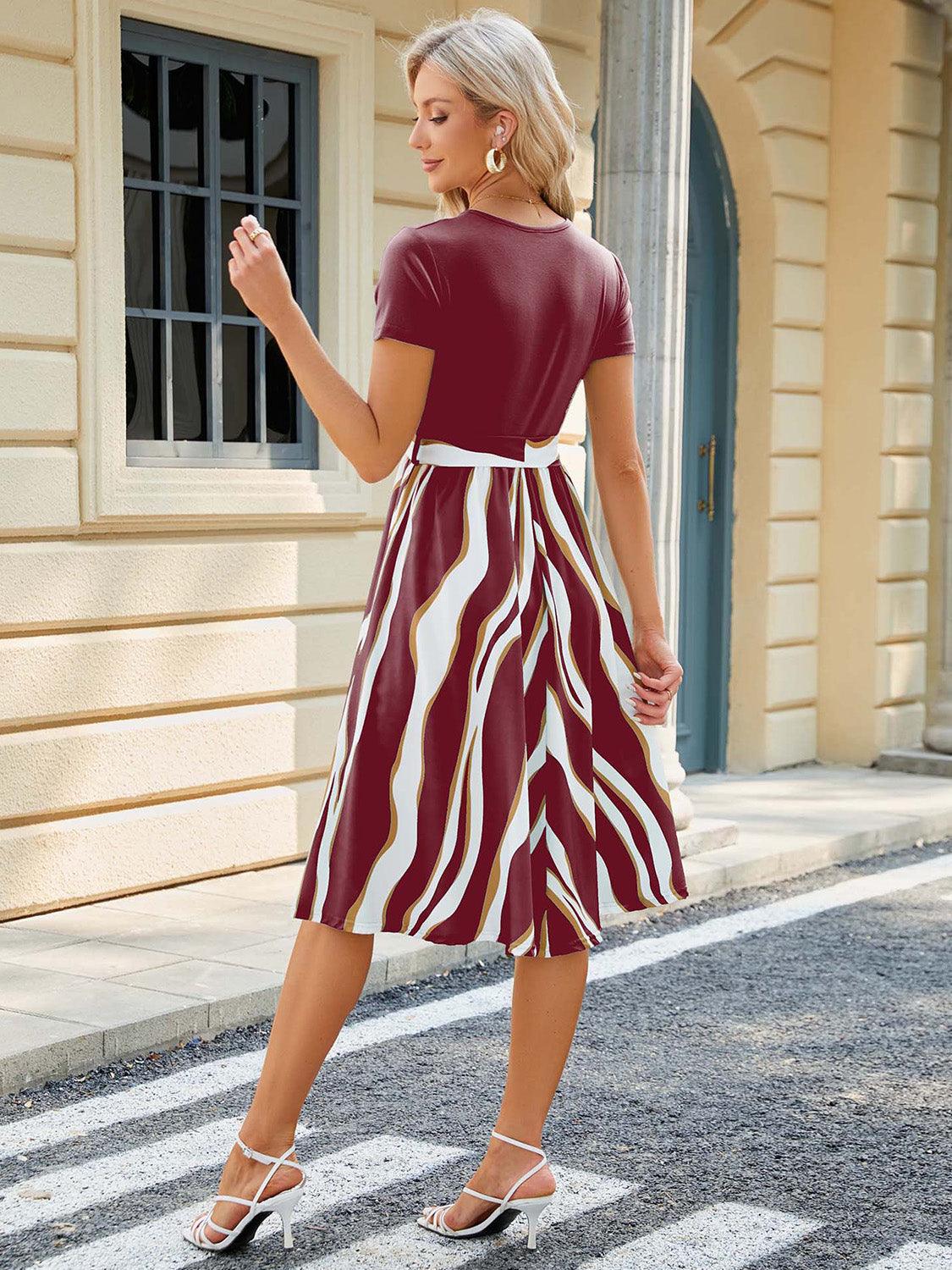 Printed Tie Waist Short Sleeve Dress Carauana Store