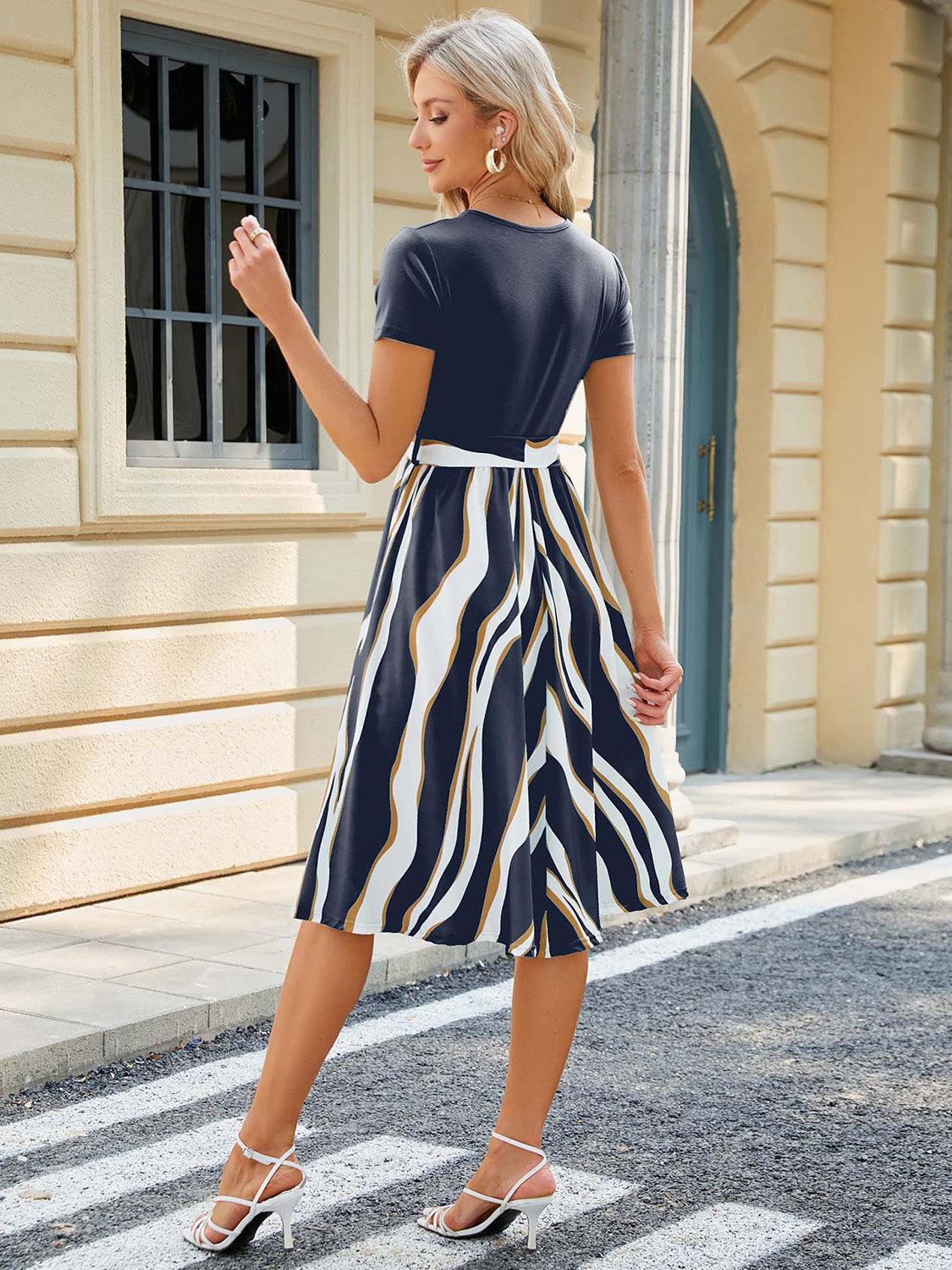 Printed Tie Waist Short Sleeve Dress Carauana Store