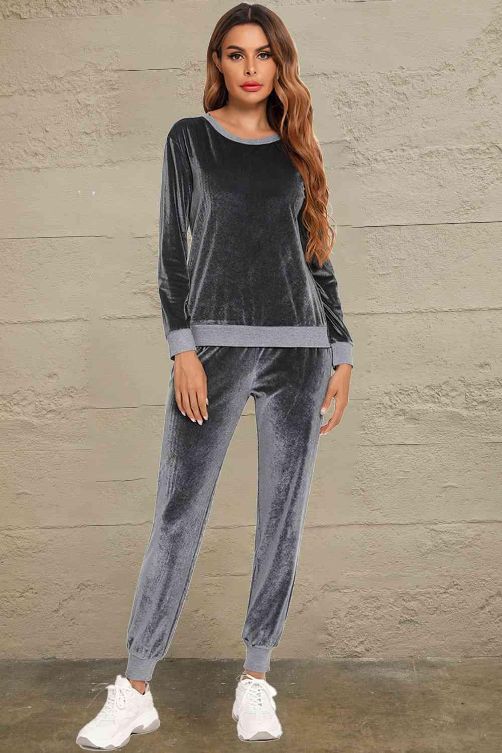 Round Neck Long Sleeve Loungewear Set with Pockets Carauana Store