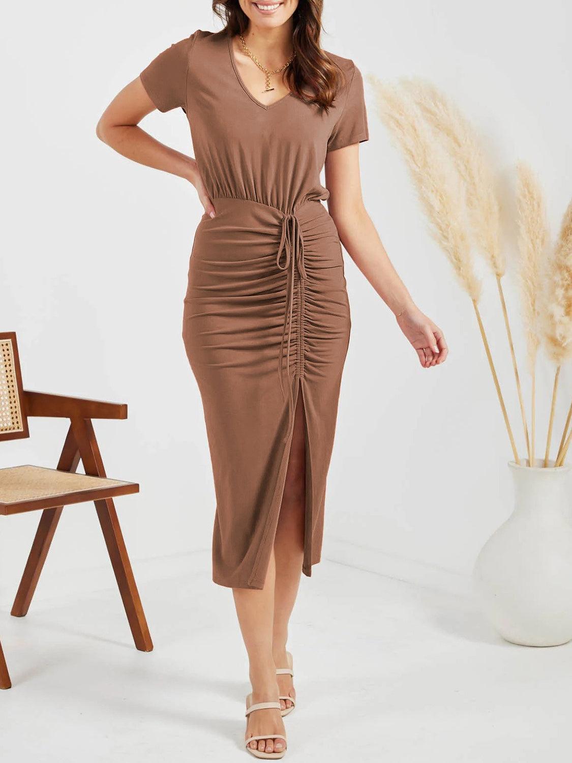Ruched Slit V-Neck Short Sleeve Dress Carauana Store