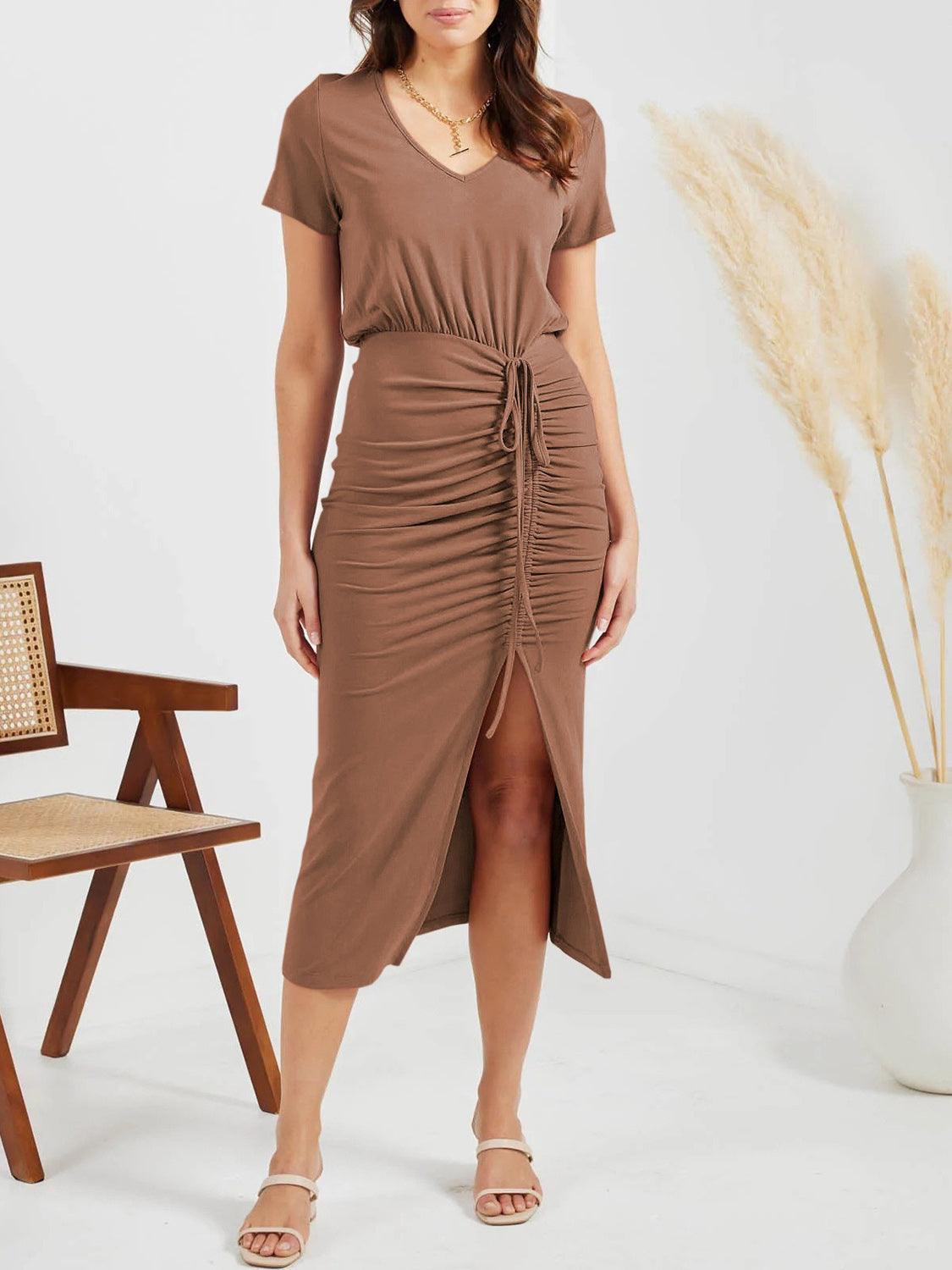 Ruched Slit V-Neck Short Sleeve Dress Carauana Store