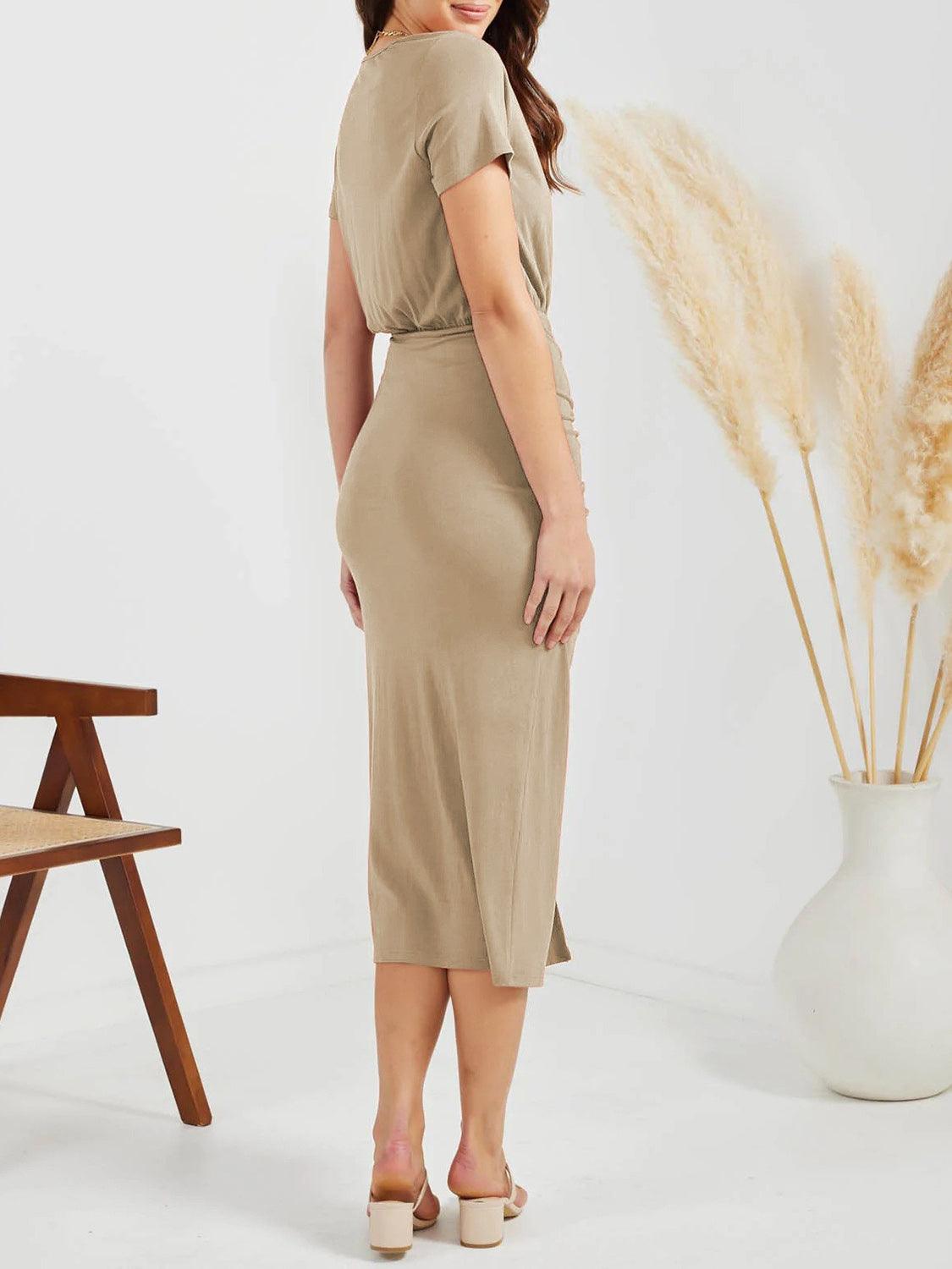 Ruched Slit V-Neck Short Sleeve Dress Carauana Store