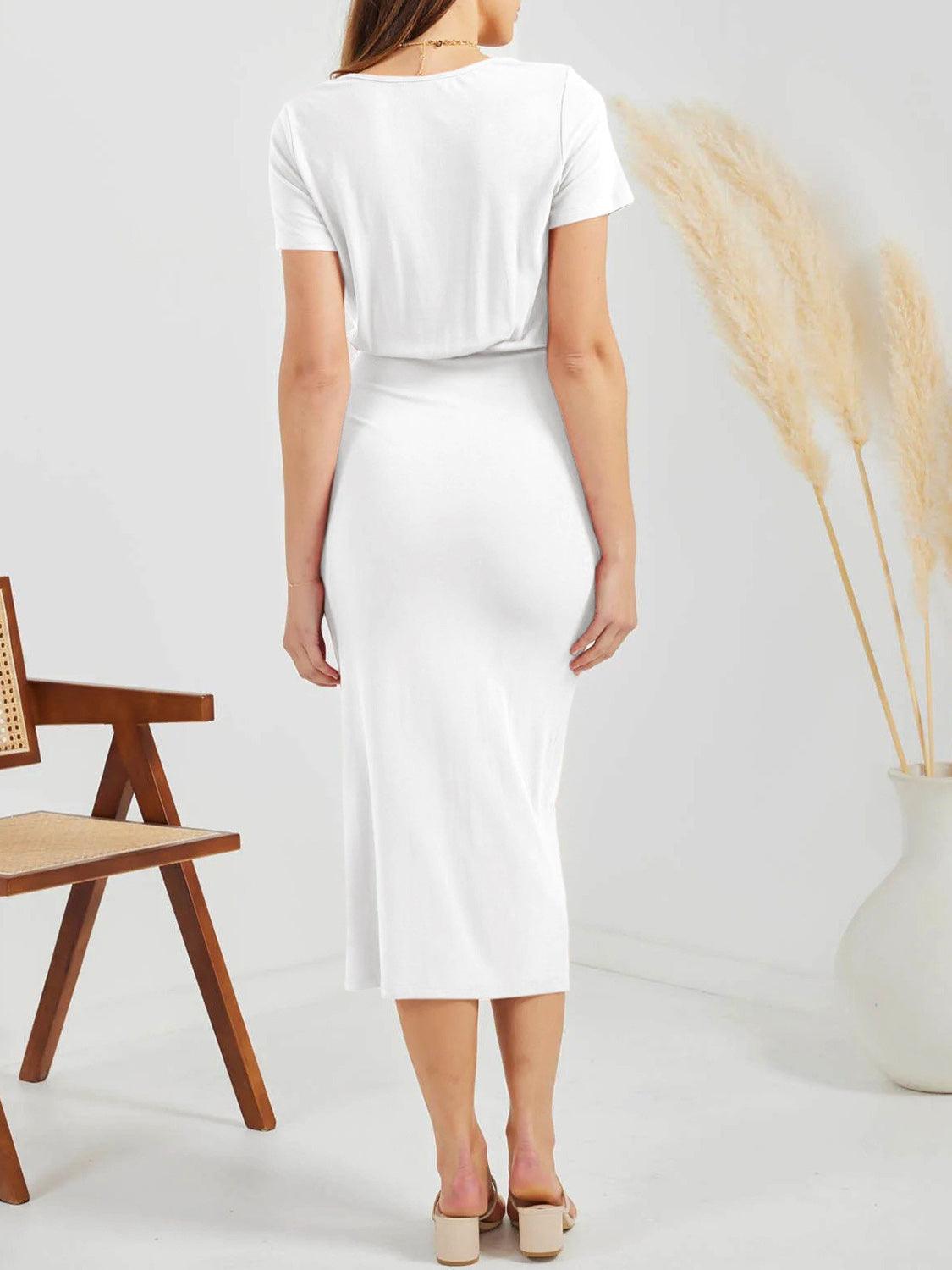 Ruched Slit V-Neck Short Sleeve Dress Carauana Store