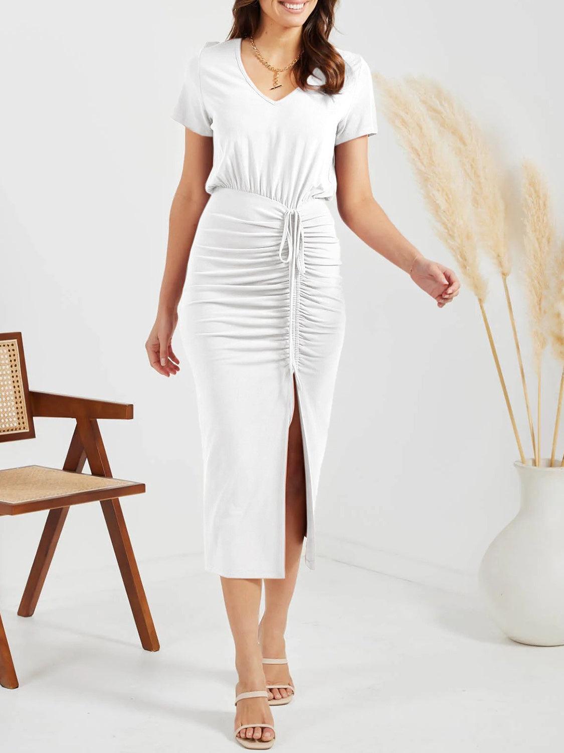 Ruched Slit V-Neck Short Sleeve Dress Carauana Store