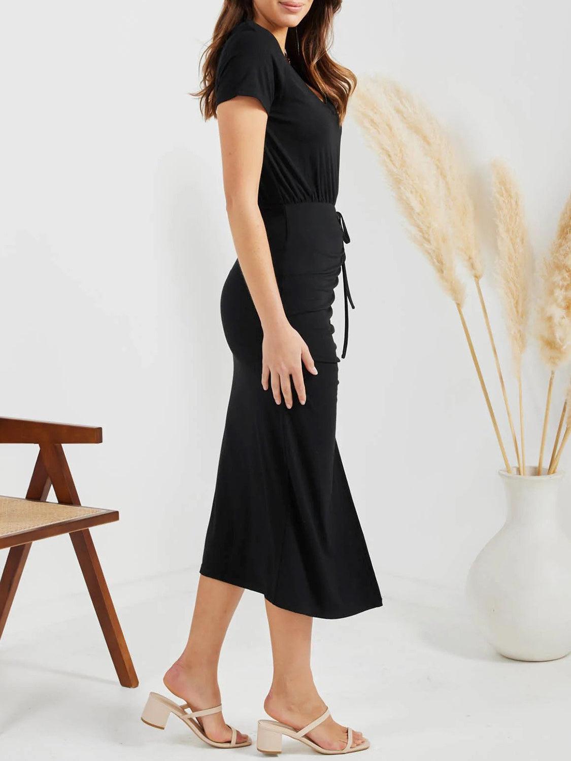 Ruched Slit V-Neck Short Sleeve Dress Carauana Store